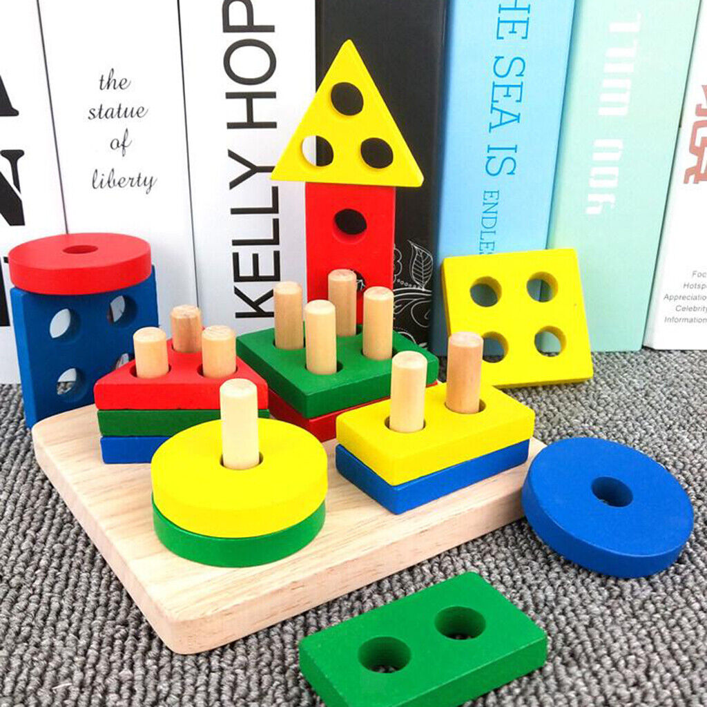 Wooden Shape Blocks Montessori Educational  Baby Toddler Shape Matching