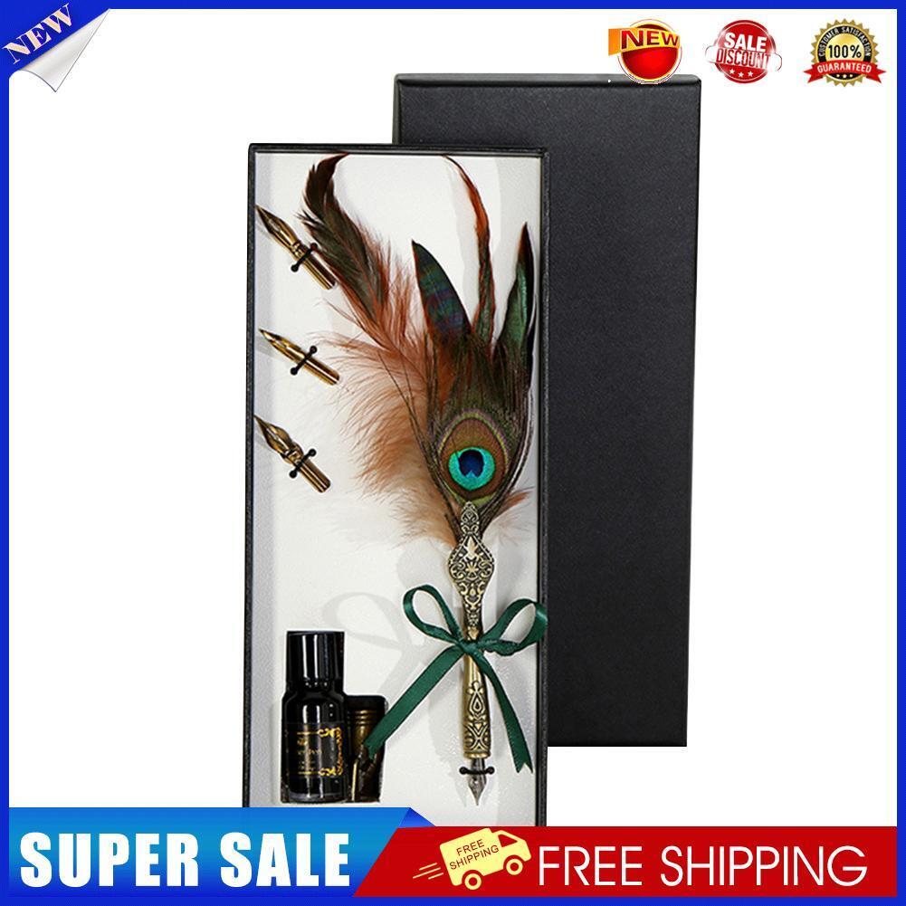 Feather Writing Quill Pen Ink Bottle Set Collection Calligraphy Stationery