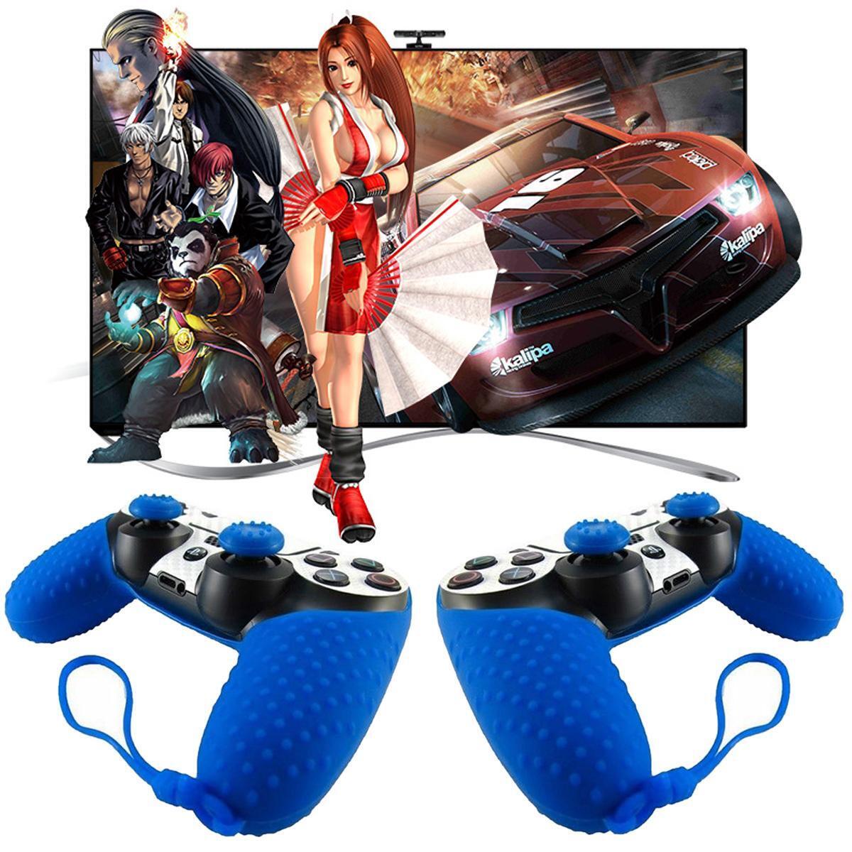 Anti-slip Grip Handle Cover Lanyard 2 Thumbstick Caps for Sony PS4 (Blue)