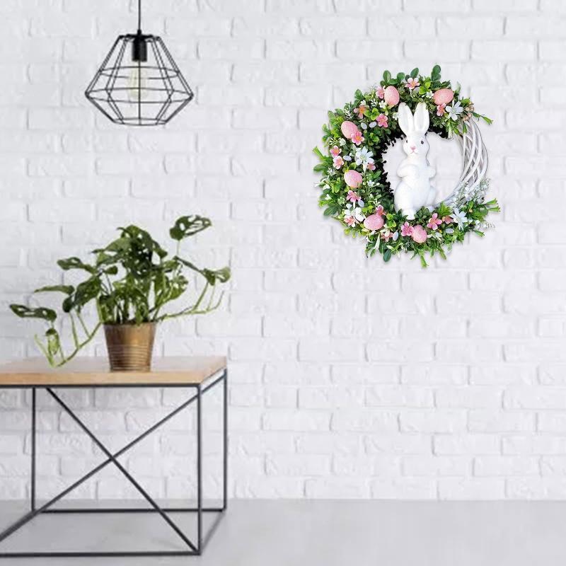 Easter Rabbit Bunny Wreath with Egg Flower Leaf Spring Garland Hanging Ornament