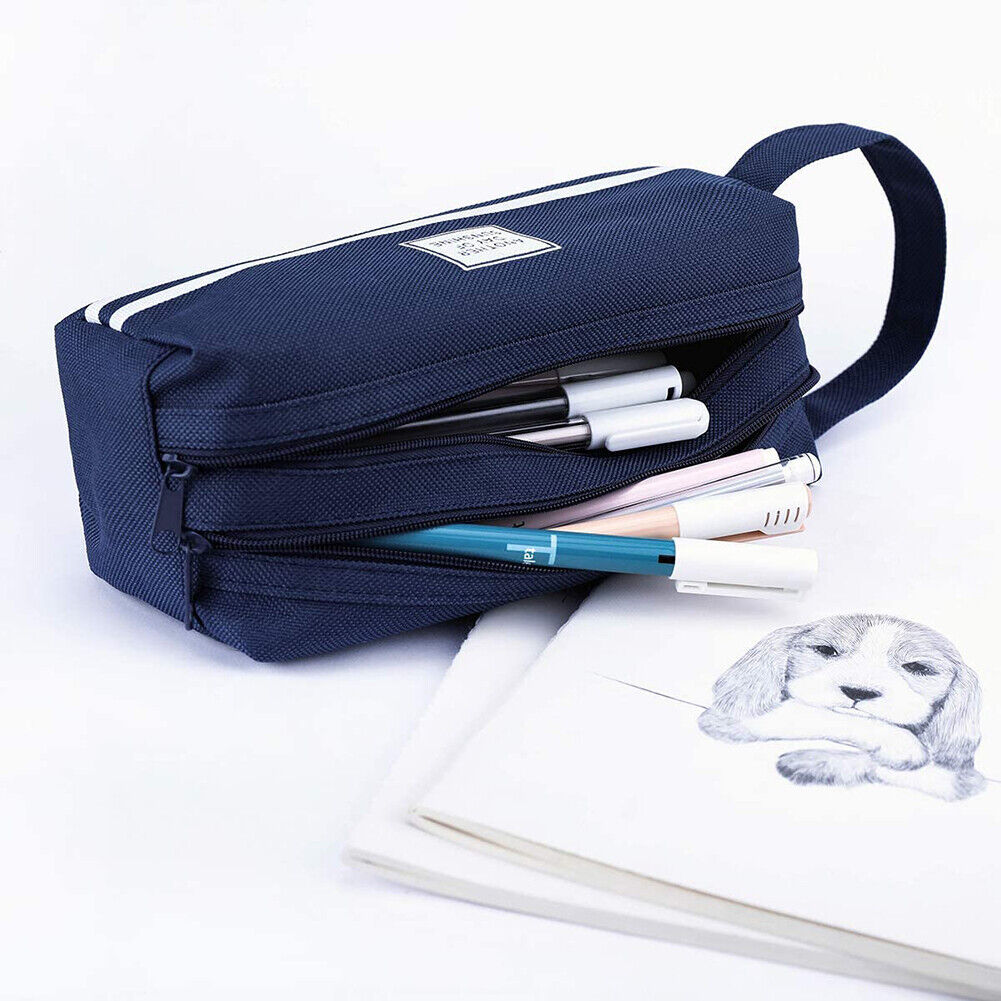 Large Capacity Pencil Case Bags Zipper Solid Stationery Box (Navy Blue)