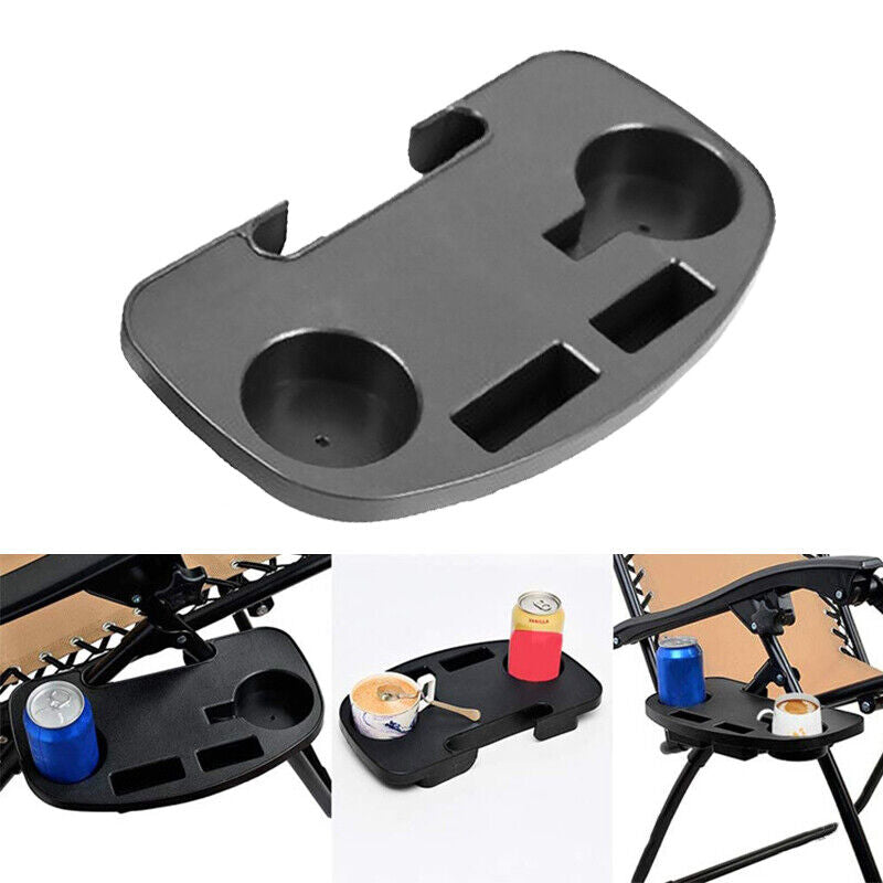 Black FOLDING RECLINING LOUNGER CHAIR CLIP ON SIDE TABLE CUP DRINK HOLDER TRAY
