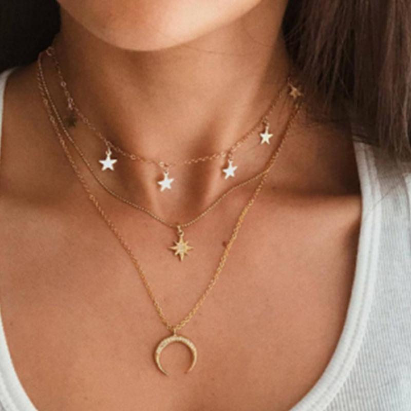 Eight Awn Star Necklace Three-layer Star Moon Bohemian Choker Chain Jewelry