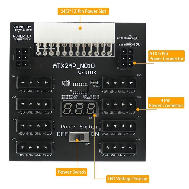 PCI-E 5V/12V 24Pin to ATX 8x 4Pin+ 2x 6Pin Power Supply Breakout Server Adapter