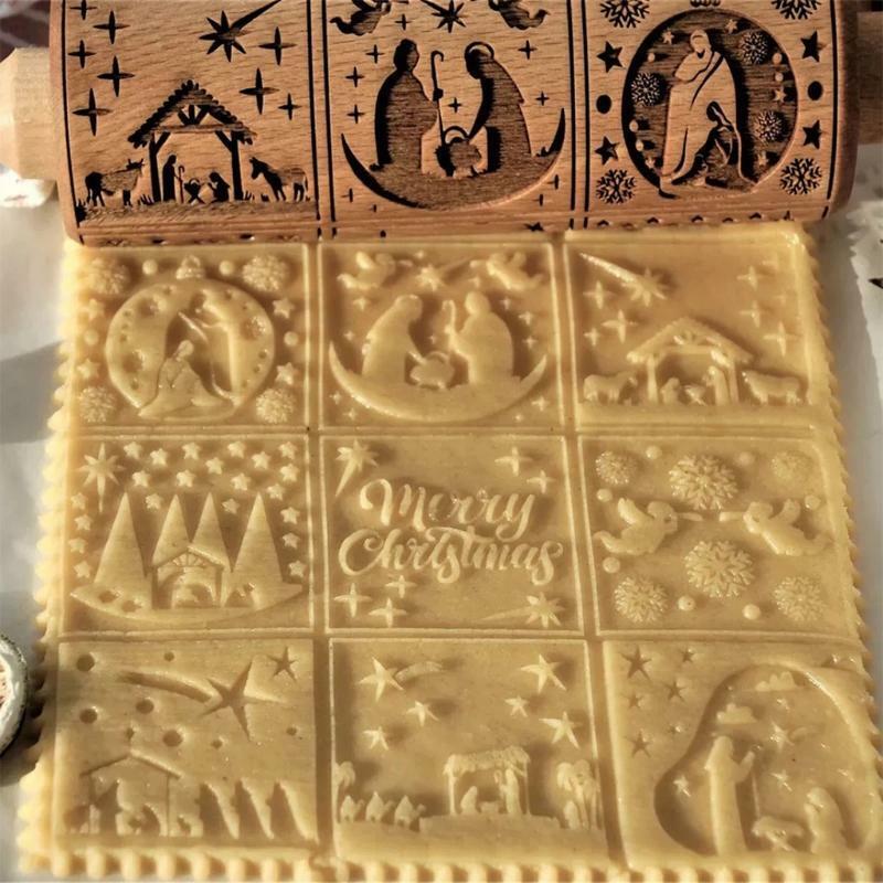 Engraved Embossing Rolling Pins with Christmas Nativity Christ Pattern Home Gift