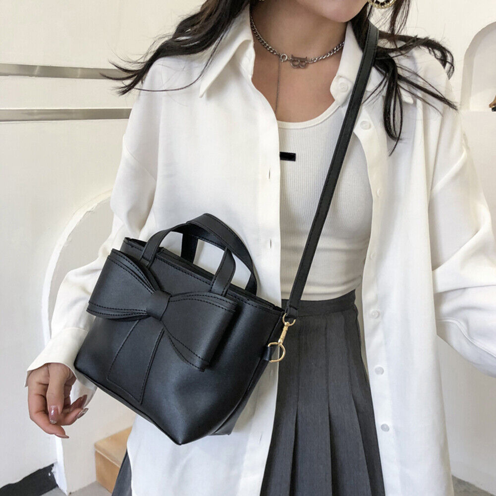 PU Leather Bowknot Bucket Shoulder Bag Women Leisure Large Handbag (Black)