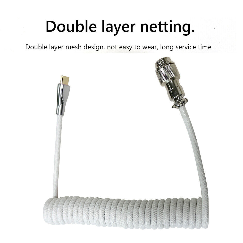 2 in 1 Coiled Mechanical Keyboard Aviator Connctor USB-C Cable (White)