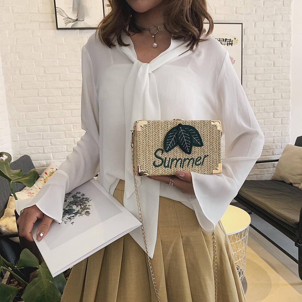 Straw Leaf Letter Decor Shoulder Handbags Women Box Crossbody Bags (Khaki)