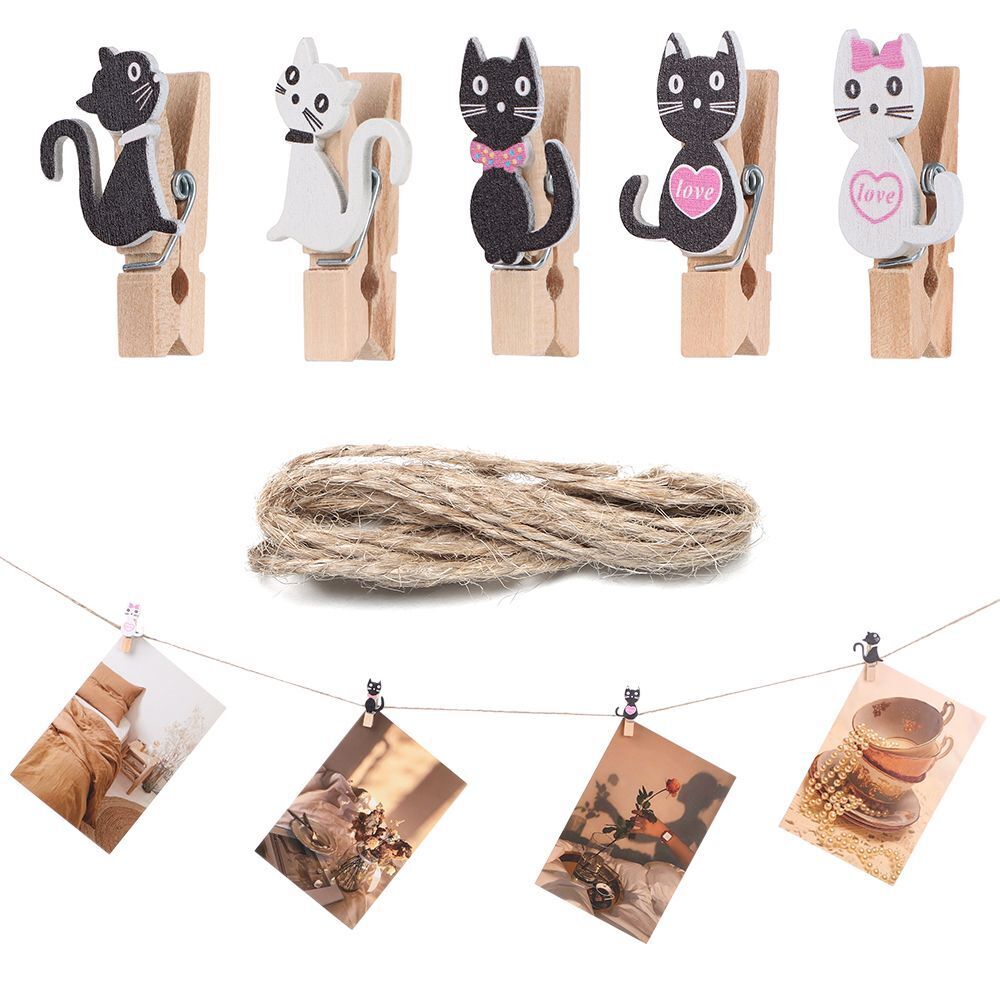 Cartoon DIY 10pcs/set Cute Cat with Hemp Rope Wooden Clips Hanging Photo Clips