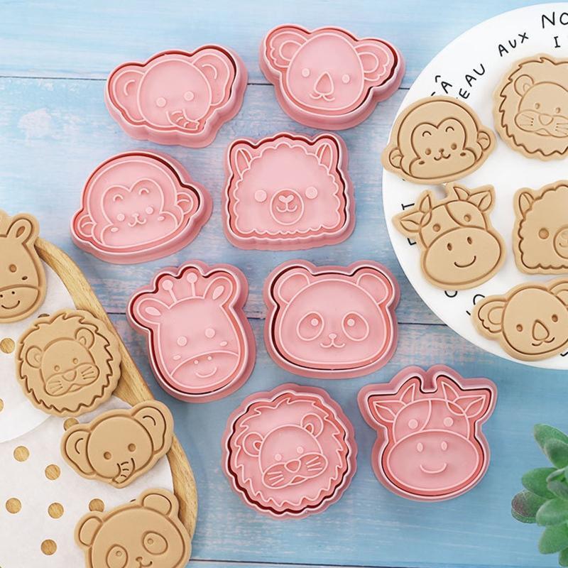 8 Pcs Lion Panda Shape Cookie Cutters and Stamper Cartoon Bakeware Tools