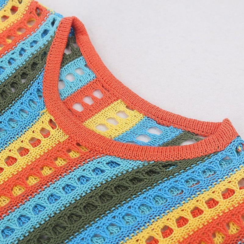 Women Beach Long Sleeve Bikini Cover Up Hollow Crochet Rainbow Stripe Mini Dress