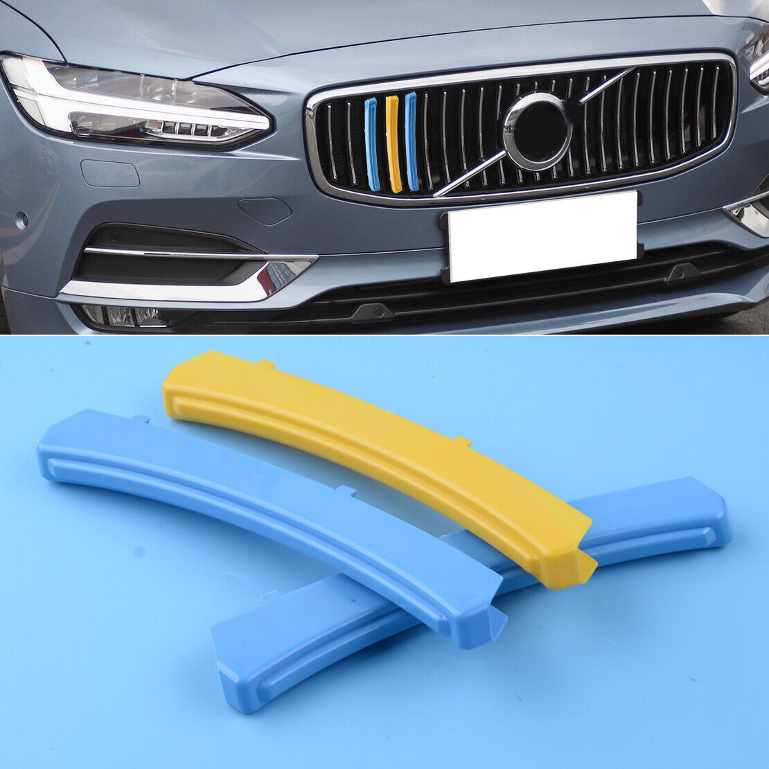 Decor 3pcs Front Grille Grill Cover Trim Strips Fit for Volvo S90 V90 2017-2019