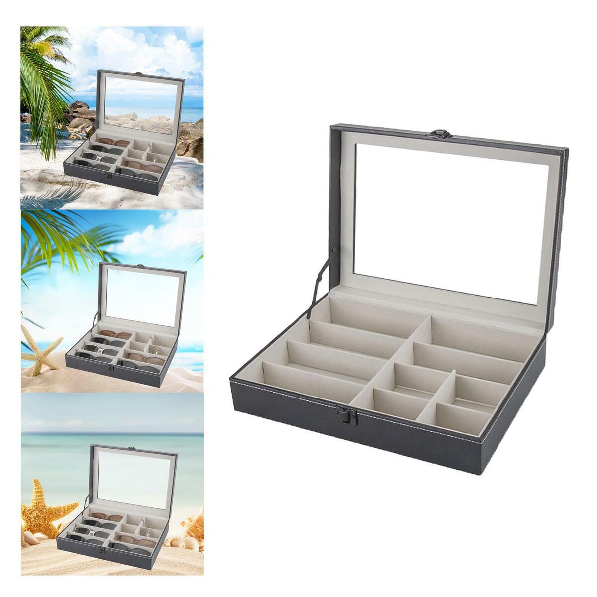 8 Slots Sunglasses Organizer Display PU Leather Holder Organizer Transparent Lid