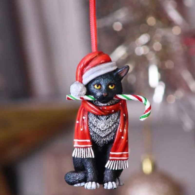 Christmas Cat Ornament Furry Kitten with Scarf Hat Holiday Tree Hanging Decor