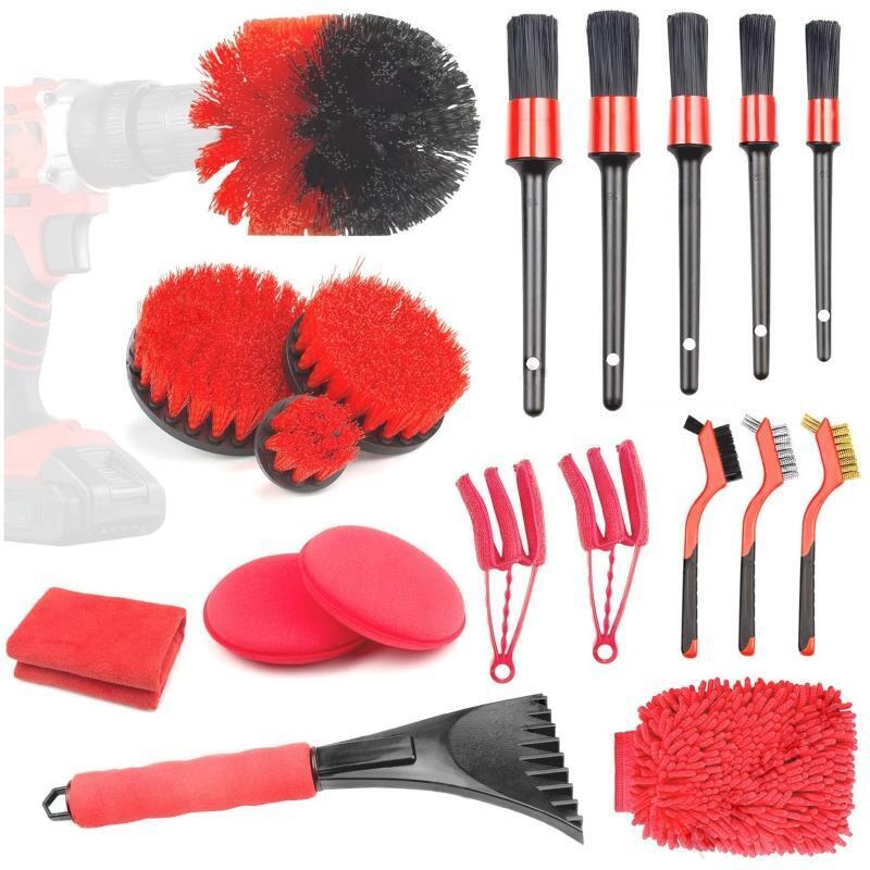 19Pcs Detailing Brushes Car Drill Brush Wash Mitt Wax Pads Wash Towels Kit