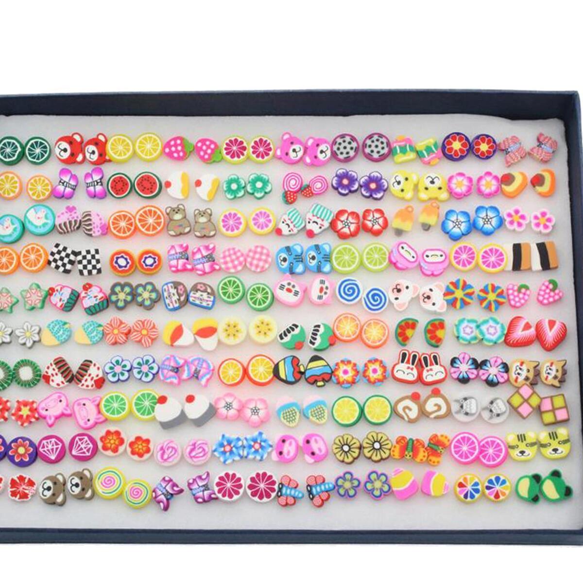 100 Pairs Assorted Stud Earring Women Teens School Girls Cartoon Fruit Shape