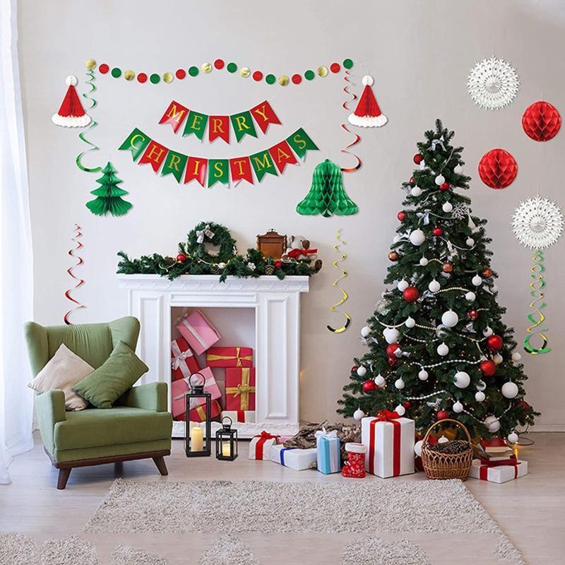 Xmas Party Backdrop Paper Fan +Banner Set Hanging Ornaments for Christmas Party