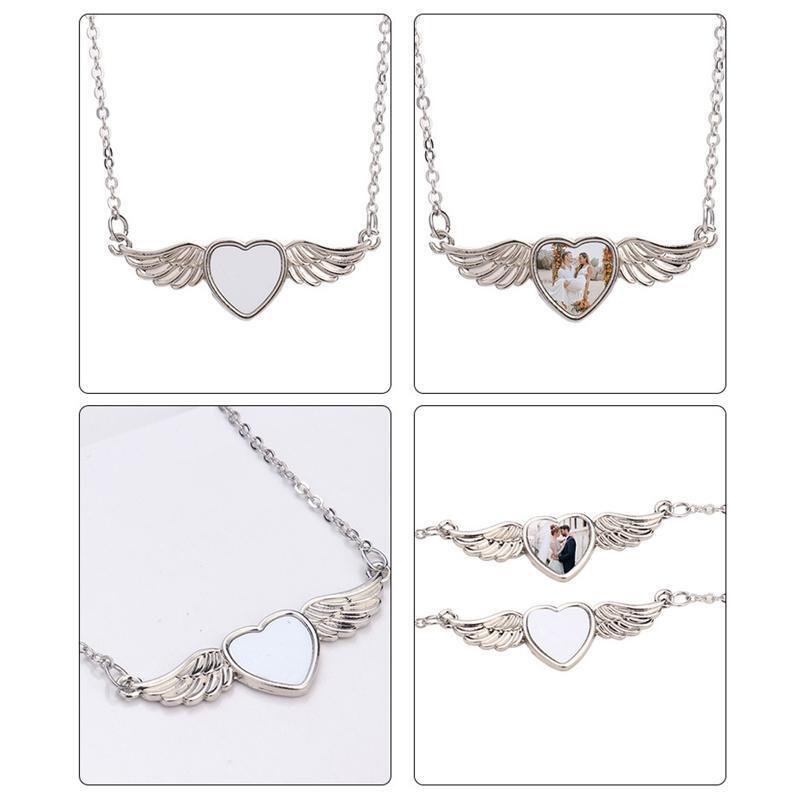 Sublimation Blank Picture Necklace Heart Shape Bezel Pendant Trays with Wing