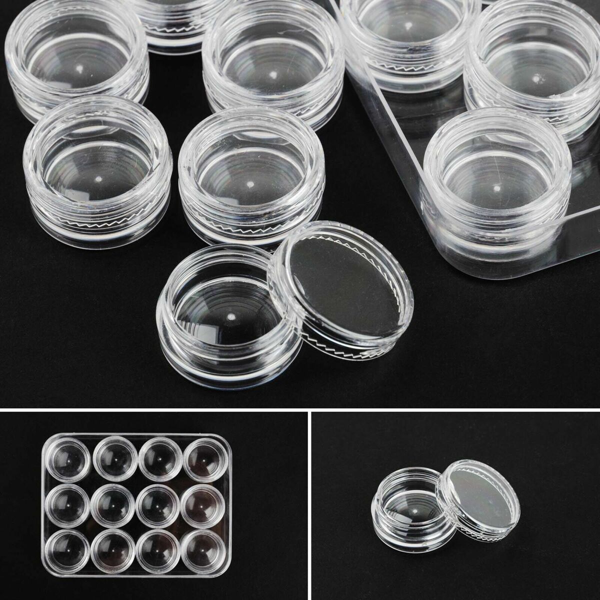 Clear Plastic Jewelry Storage Box With 12 Small Round Cylindrical Containers New