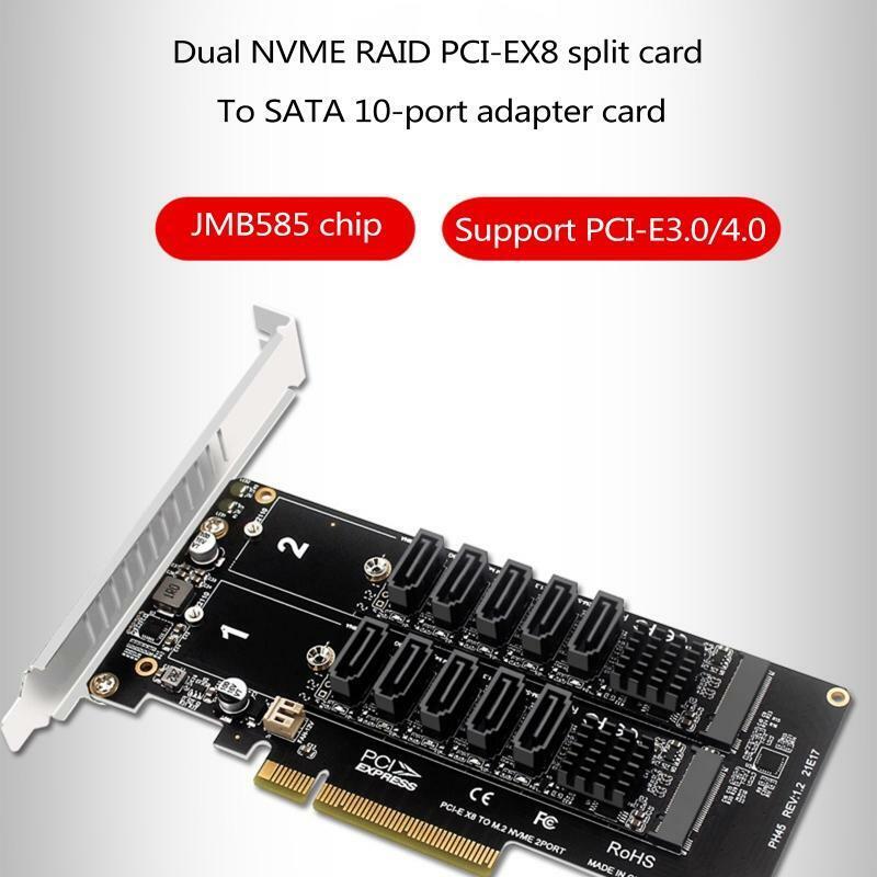 PCI-E Expansion Card Dual NVME RAID PCI-E X8 Split Card to Sata 10-Port Adapter