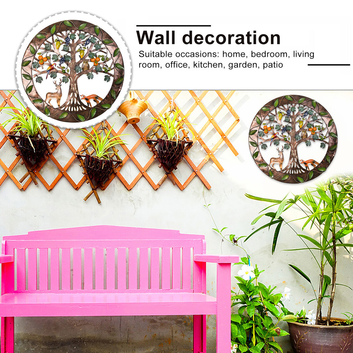 Iron Wall Sculptures-Metal Round Wall Decor with Tree Deer Fox Home Decor