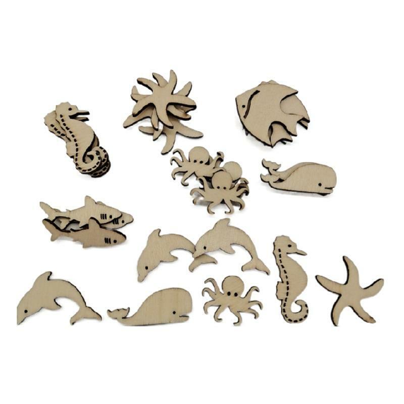 50 Pcs/Set Ocean Sea Animals Craft Cutouts Unfinished Natural Wooden Slices Kit