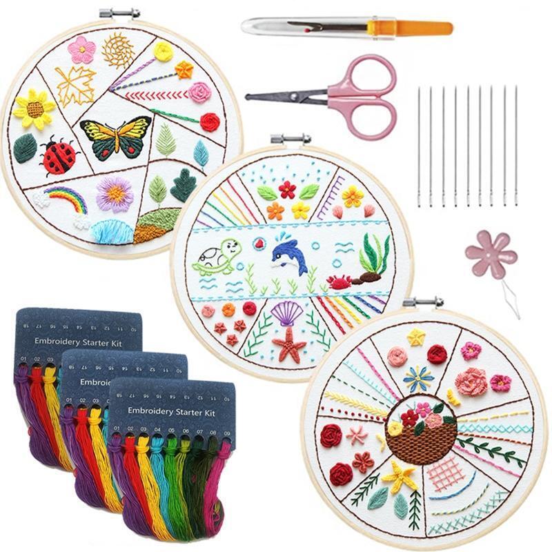 Cross Stitch Embroidery Starter Kit for Beginners 3 Stamped Embroidery Cloth Set