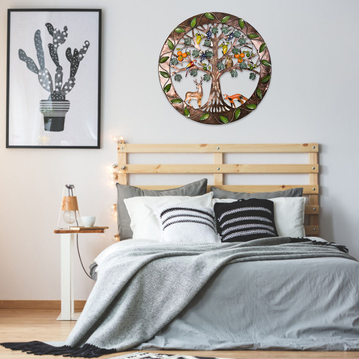 Iron Wall Sculptures-Metal Round Wall Decor with Tree Deer Fox Home Decor