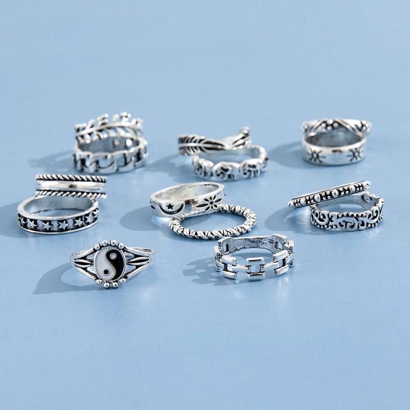 14 Pcs Neo-Gothic Rings Knuck-le Stacking Rings Yin Yang Ring Elephant Star Moon