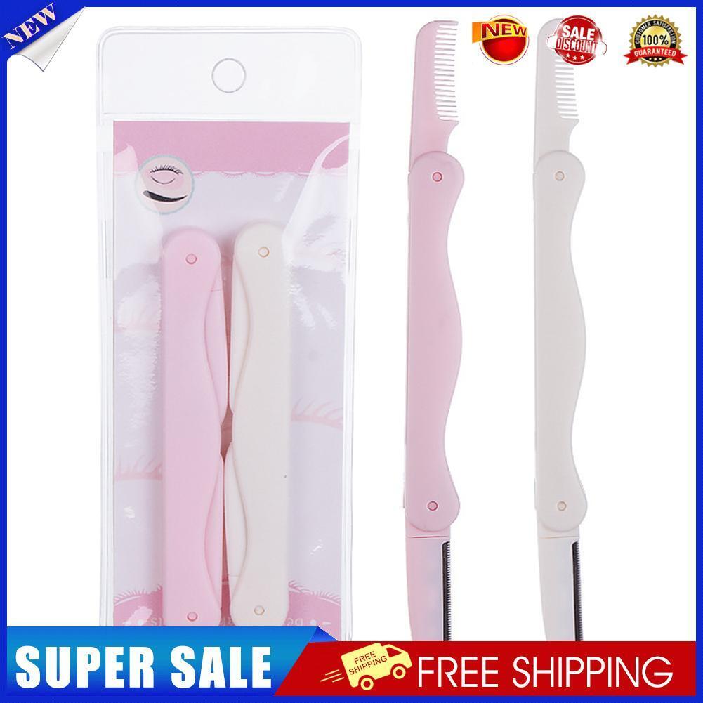 2pcs Folding Eyebrow Trimmer Eye Brow Makeup Shaver Brush Kit (Pink White)