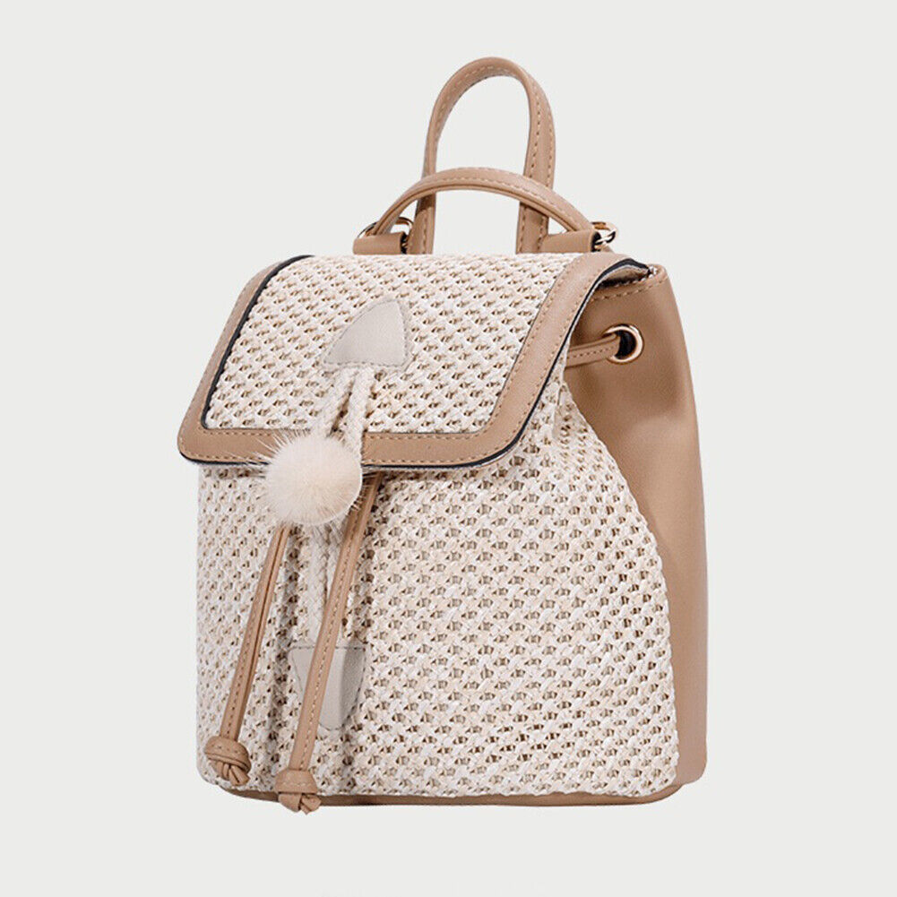 Straw Woven Backpack Beach Women Fashion Leather Pompom Travel Shoulder Bag