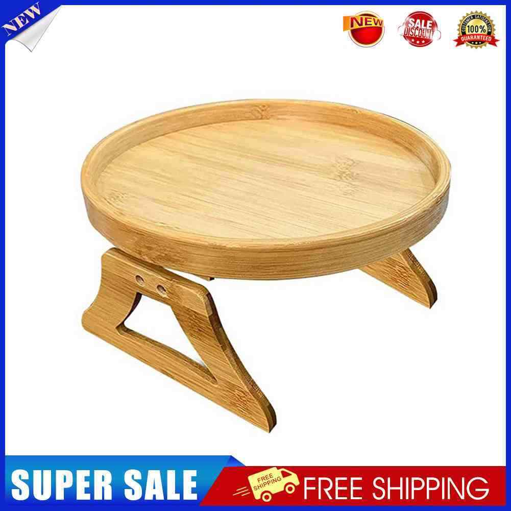 Round Bamboo Wood Tray Foldable Portable Sofa Armrest Breakfast Tea Table