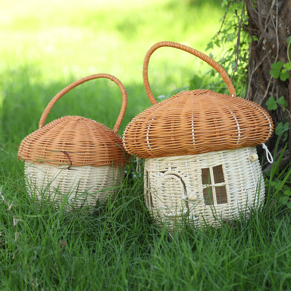 Handmade Rattan Mushroom Basket Handbag Woven Organizer Photography Props