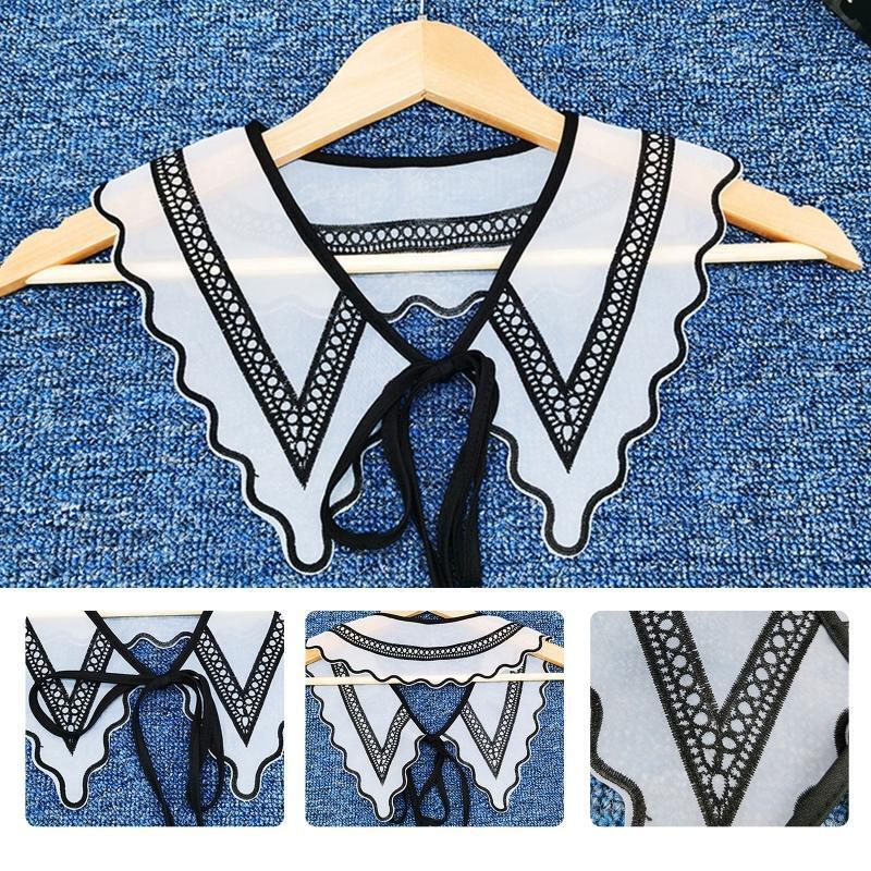 Women Black White Organza Faux Collar Shawl Embroidery Geometric Wavy Scarf Cape