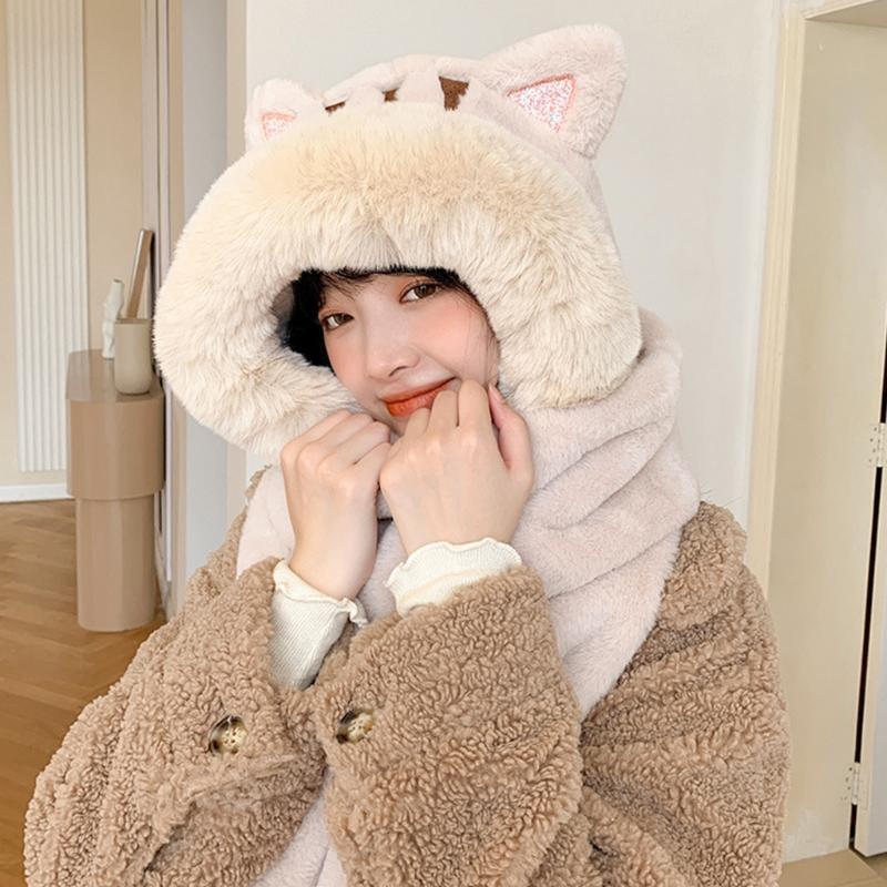 One Piece Scarf Plush Scarf Hooded Hat Winter Hat Scarf Gloves Set Fleece Warm