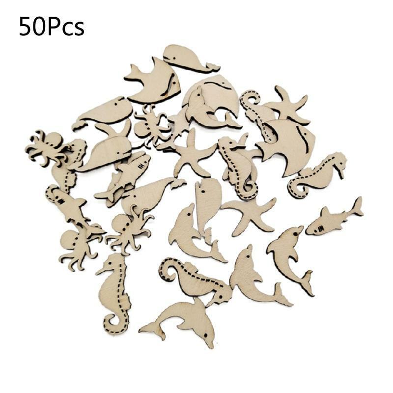 50 Pcs/Set Ocean Sea Animals Craft Cutouts Unfinished Natural Wooden Slices Kit