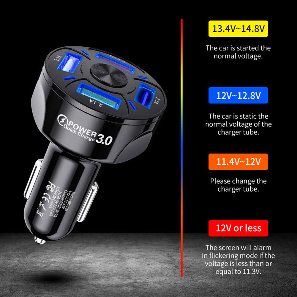 New QC 3.0 Adapter Smart Phone Car Charger Fast Charging 4-Port USB LED Display