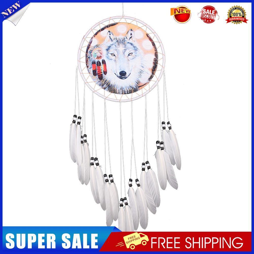 Wolf Printed Dream Catcher Net Feather Bead Dreamcatcher Hanging Ornament