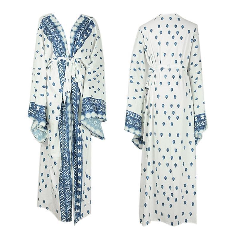 Bohemian Beach Bikini Cover Up Peacock Feather Long Sleeve Kimono Cardigan Shirt