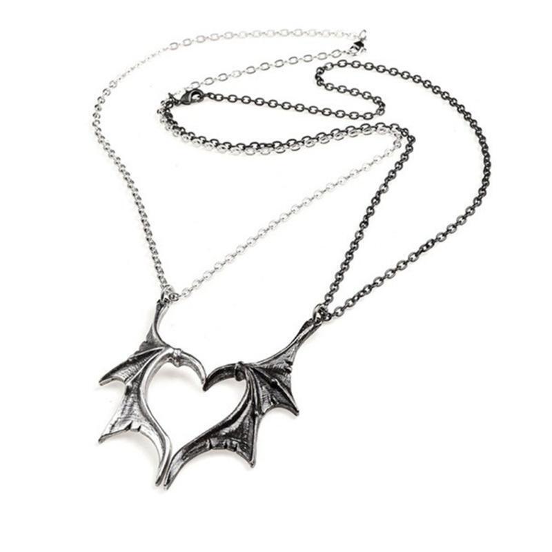 2 Pcs/Set Exquisite Bat Wing Heart Pendant Couple Necklace Jewelry Charms Decor