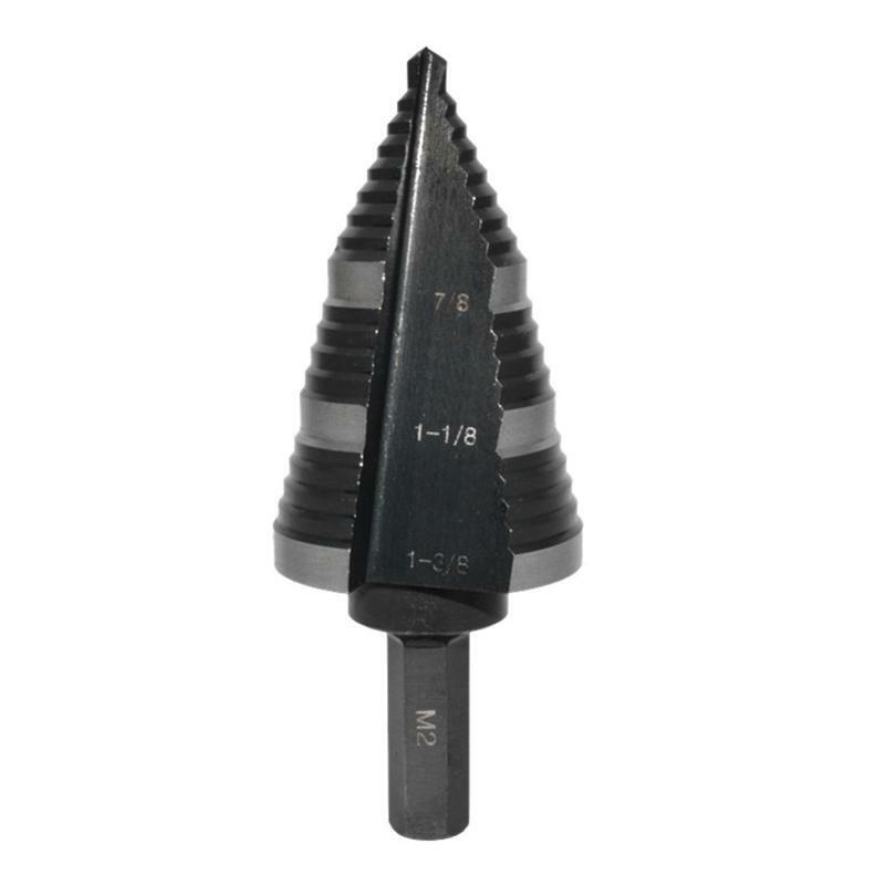 Dual-Fluted Stepper Bit 3/8" Hex Shank 7/8 to 1-3/8" for Cutting Metals Plastic