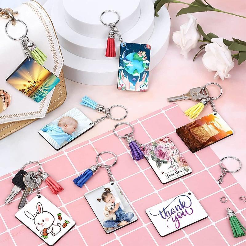 160 Pcs Blank Keychains Set 40 Pcs MDF Keychain Blanks 40 Pcs Leather Tassels
