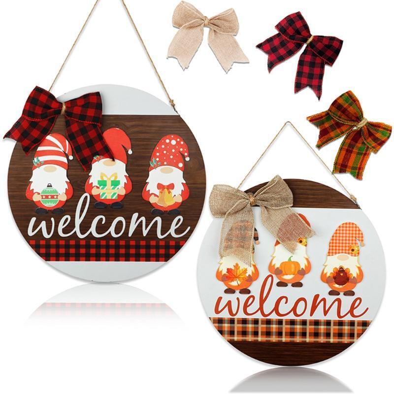 Wood Christmas Sign Front Door Decoration Double Side Holiday Gnome Hanging Sign
