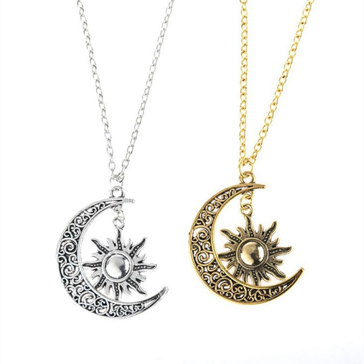 2Pcs Trendy Crescent Moon And Sun Necklace High Polished Jewelry for Women