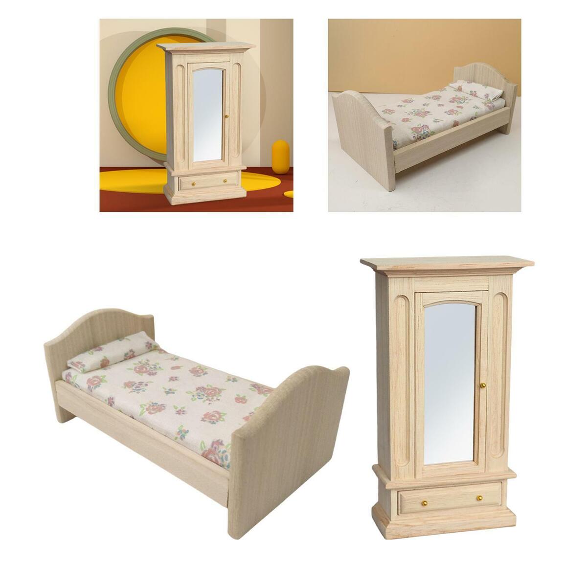 Mini 1:12 Wardrobe & Double bed and bedroom Life Scene Furniture Supplies Decor