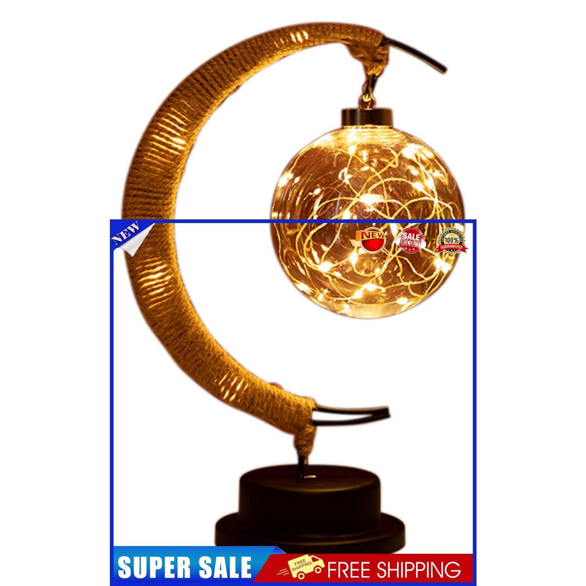 LED Moon Sepak Takraw Lamp Handmade Hemp Rope Wrought Iron Night Light Home