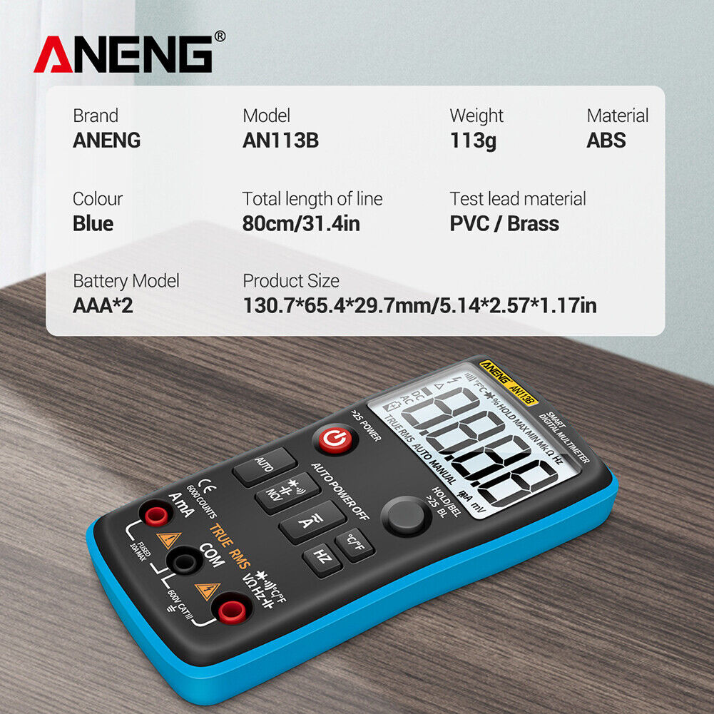 ANENG AN113B 6000 Counts Digital Multimeter True RMS LCD Voltmeter (Blue)