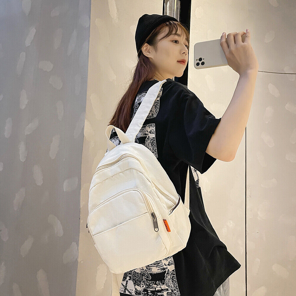 Fashion Women Solid Color Backpack Students Canvas School Knapsacks (White)