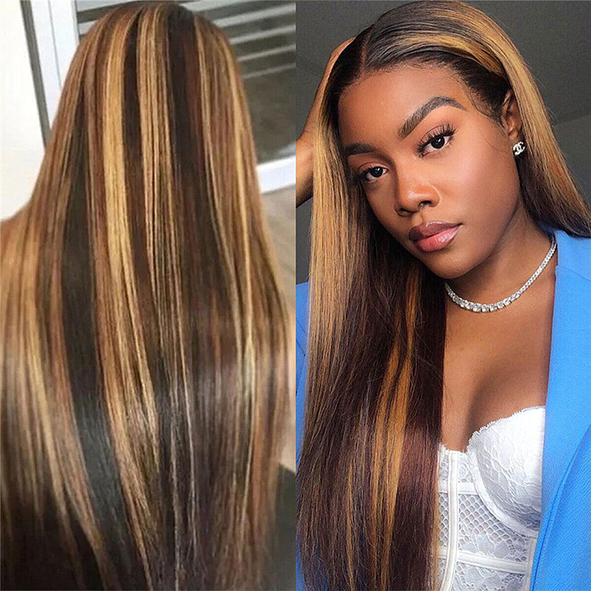 Fashion Women Ombre Brown Human Hair Wigs Brazilian Full Long Straight Front Wig