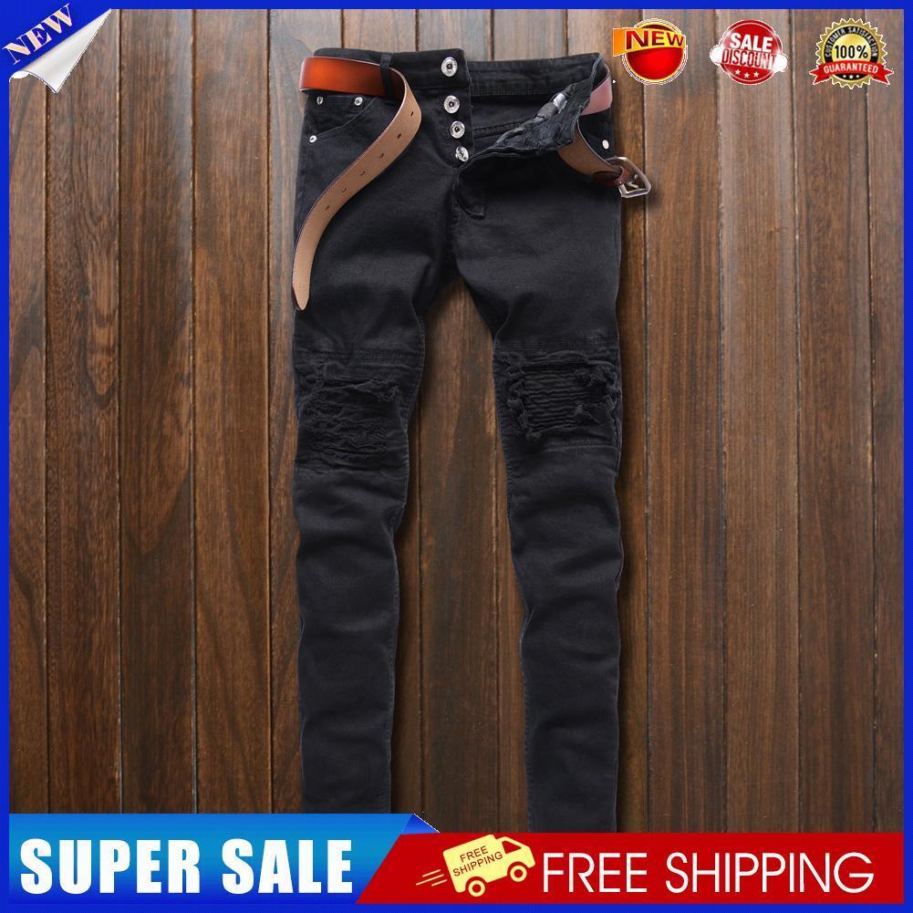 Men Ripped Biker Classic Skinny Straight Pure Cotton Trouser (Black)(32)-12